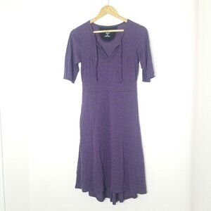 Exofficio A-Line Fit and Flare Purple Gray Striped Midi Dress Notch Neck